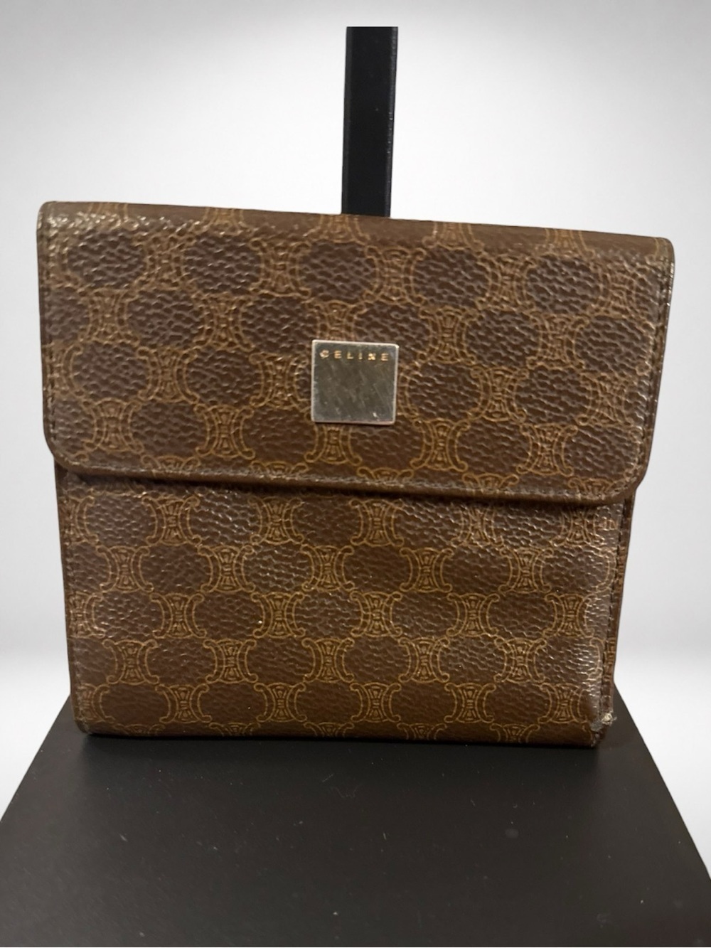 Celine Vintage Macadam Triomphe Trifold Wallet Brown PVC Leather Italy